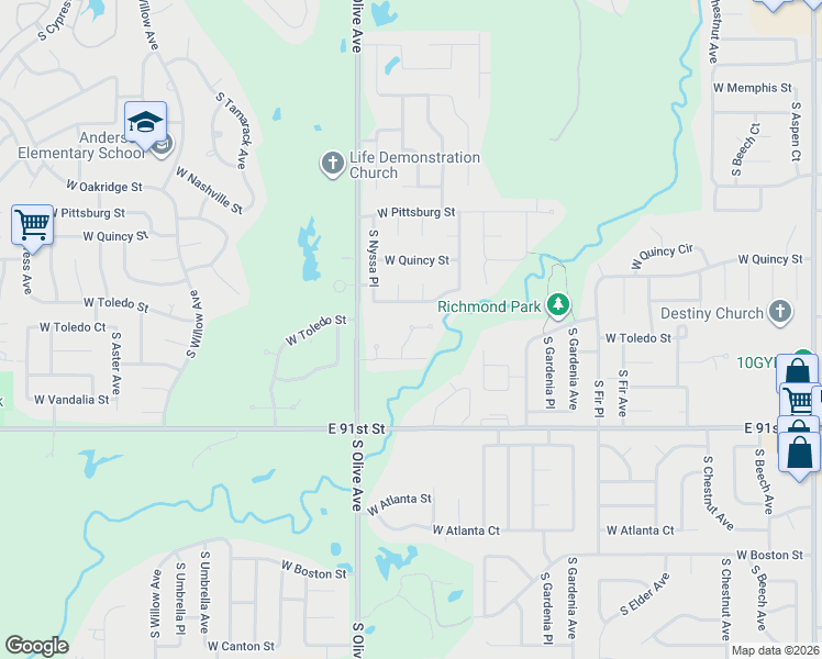 map of restaurants, bars, coffee shops, grocery stores, and more near 3306 West Urbana Street in Broken Arrow