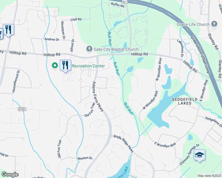 map of restaurants, bars, coffee shops, grocery stores, and more near 5217 Autumn Woods Drive in Greensboro