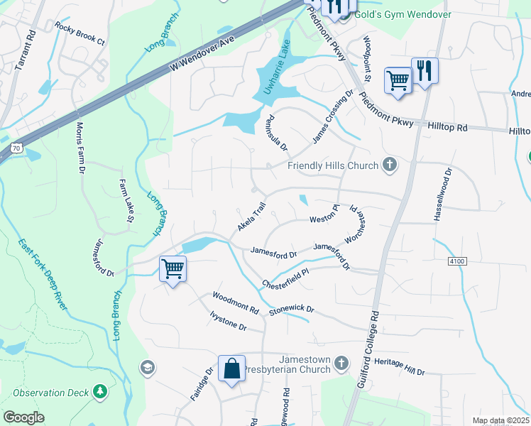 map of restaurants, bars, coffee shops, grocery stores, and more near 2907 Saddle Club Court in Jamestown