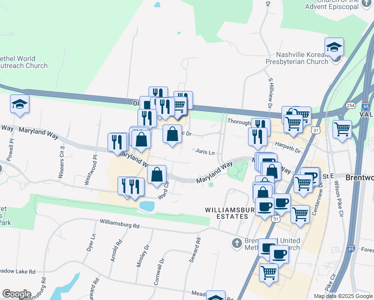 map of restaurants, bars, coffee shops, grocery stores, and more near 6 Cadillac Drive in Brentwood