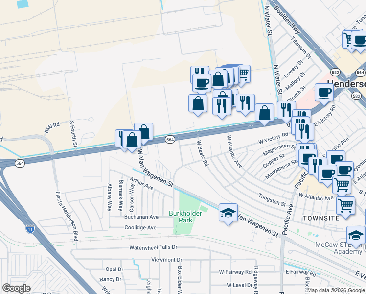 map of restaurants, bars, coffee shops, grocery stores, and more near 438 Perlite Way in Henderson