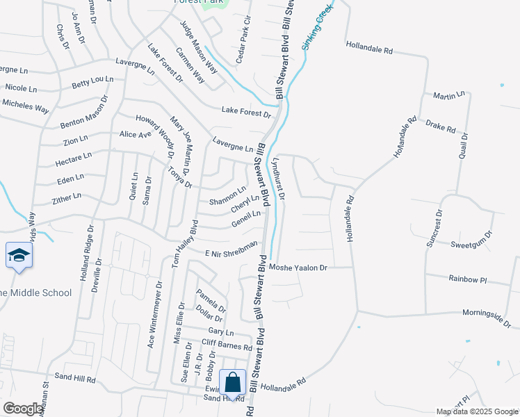 map of restaurants, bars, coffee shops, grocery stores, and more near 1104 Geneil Lane in La Vergne