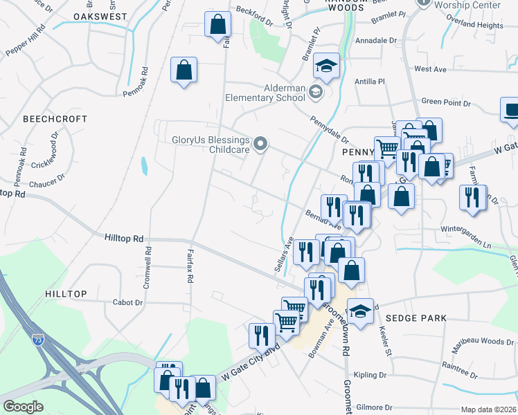 map of restaurants, bars, coffee shops, grocery stores, and more near 4217-4243 Bernau Avenue in Greensboro
