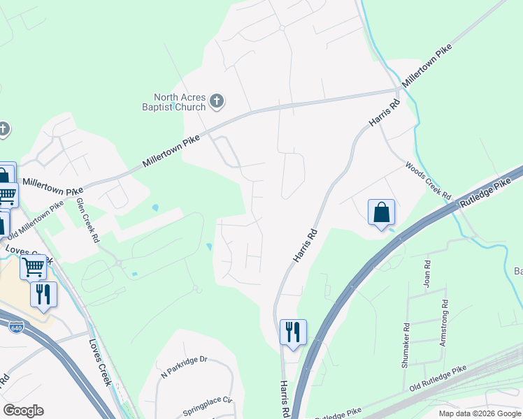 map of restaurants, bars, coffee shops, grocery stores, and more near 5807 Parasol Lane in Knoxville