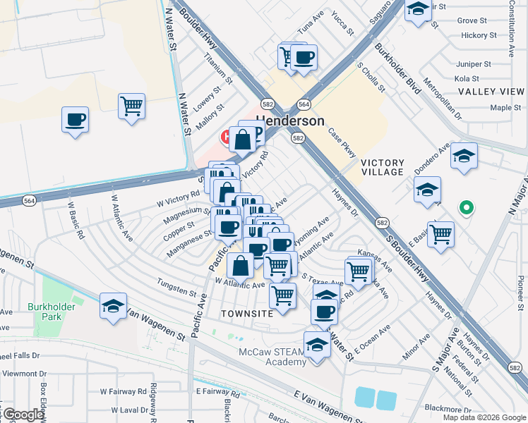 map of restaurants, bars, coffee shops, grocery stores, and more near 2 Colorado Way in Henderson