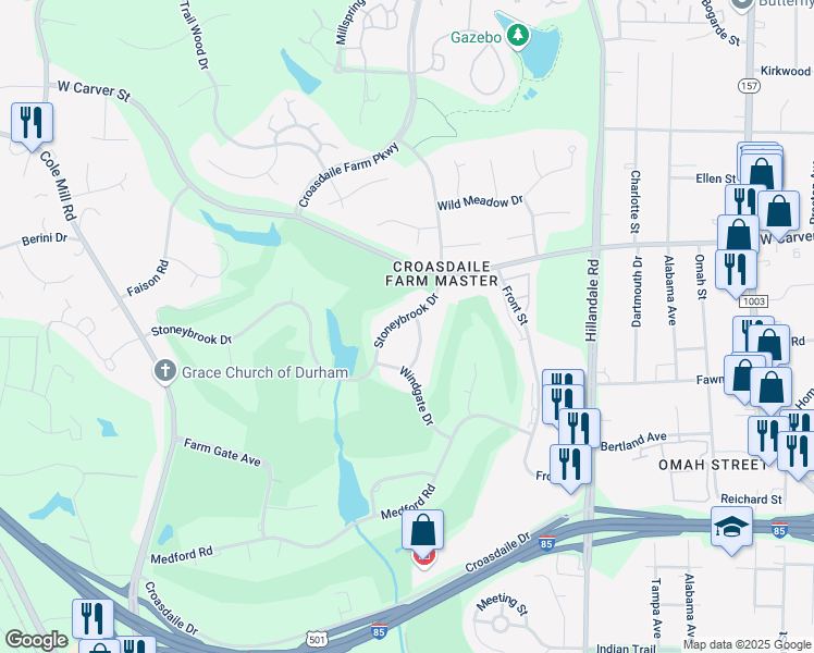 map of restaurants, bars, coffee shops, grocery stores, and more near 3315 Stoneybrook Drive in Durham