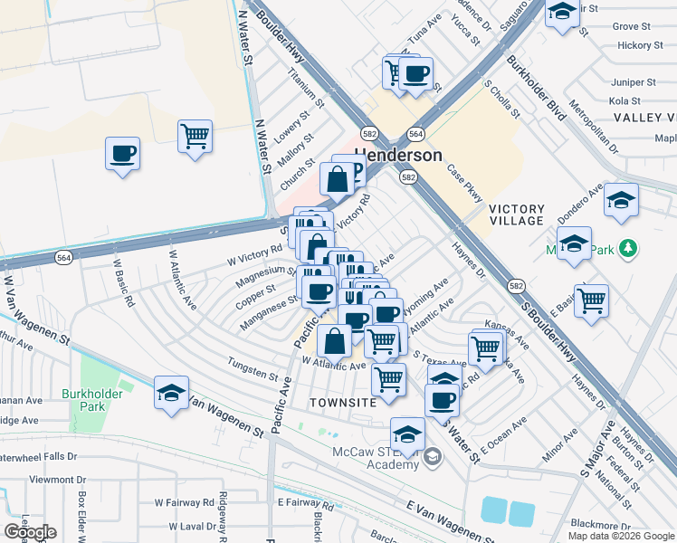 map of restaurants, bars, coffee shops, grocery stores, and more near 10 South Water Street in Henderson