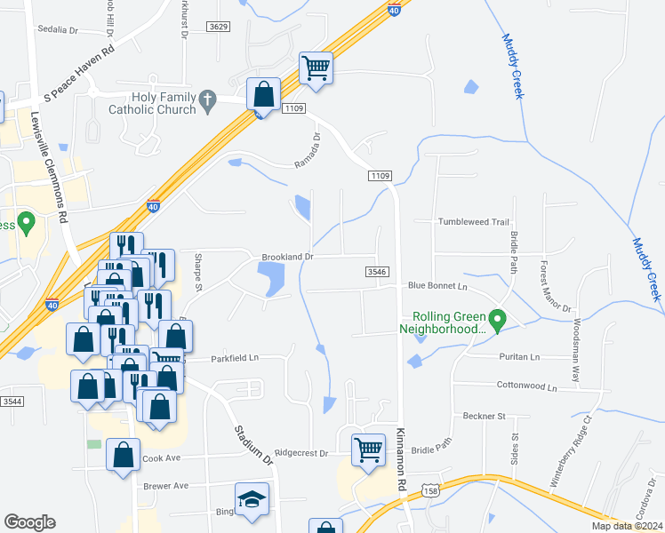 map of restaurants, bars, coffee shops, grocery stores, and more near 3231 Brookland Drive in Winston-Salem