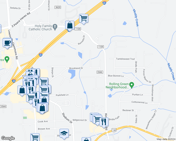 map of restaurants, bars, coffee shops, grocery stores, and more near 3231 Brookland Drive in Winston-Salem