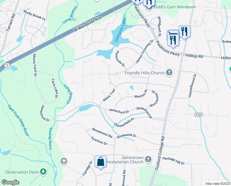 map of restaurants, bars, coffee shops, grocery stores, and more near 2907 Saddle Club Court in Jamestown