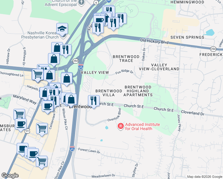 map of restaurants, bars, coffee shops, grocery stores, and more near 252 Glenstone Circle in Brentwood