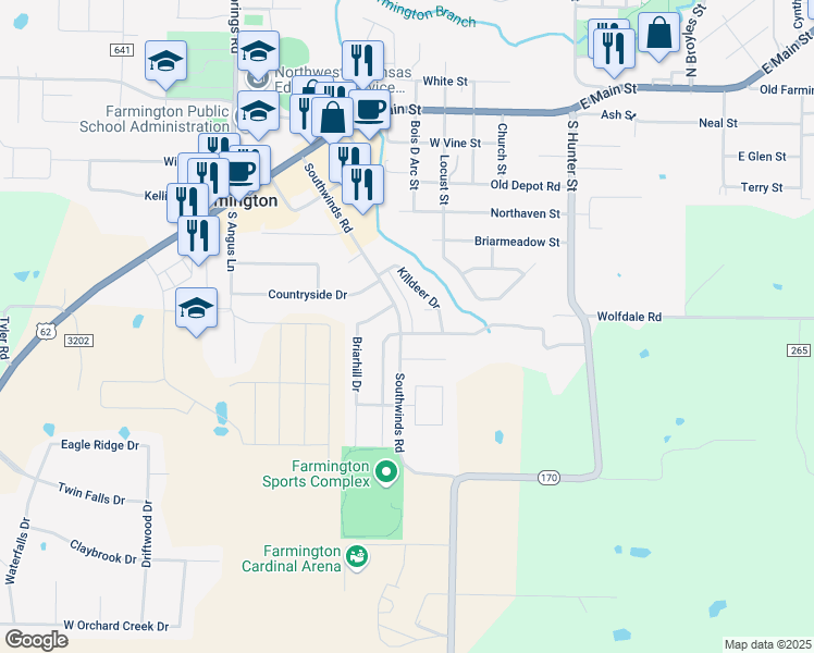 map of restaurants, bars, coffee shops, grocery stores, and more near 212 Southwinds Road in Farmington