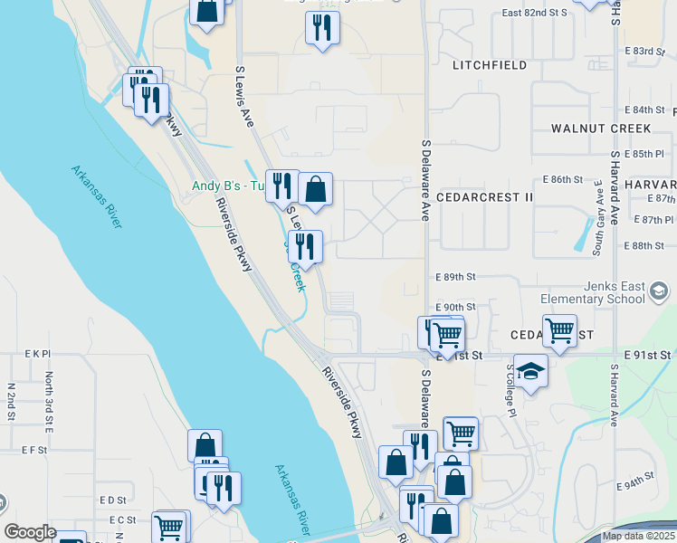 map of restaurants, bars, coffee shops, grocery stores, and more near 8887 South Lewis Avenue in Tulsa