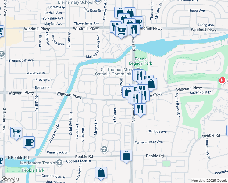 map of restaurants, bars, coffee shops, grocery stores, and more near 115 Hanover Drive in Henderson
