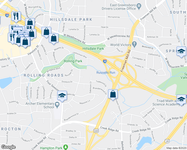 map of restaurants, bars, coffee shops, grocery stores, and more near 2203 Oakmont Court in Greensboro