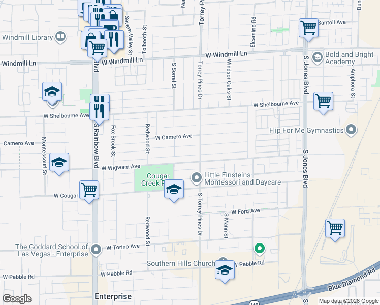 map of restaurants, bars, coffee shops, grocery stores, and more near 6579 Samba Avenue in Las Vegas