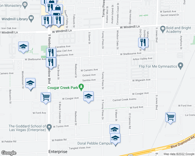 map of restaurants, bars, coffee shops, grocery stores, and more near 6542 Samba Avenue in Las Vegas