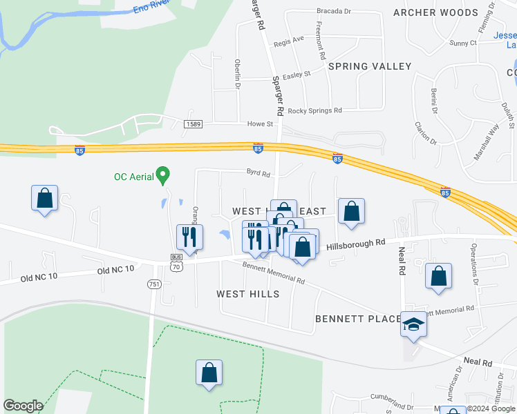 map of restaurants, bars, coffee shops, grocery stores, and more near 4710 West Hills Drive in Durham