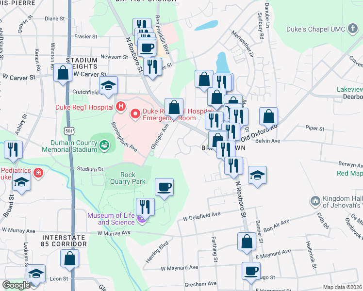 map of restaurants, bars, coffee shops, grocery stores, and more near 3523 North Roxboro Street in Durham