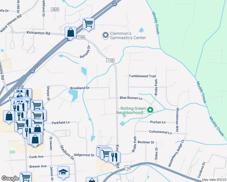 map of restaurants, bars, coffee shops, grocery stores, and more near 4625 Elk Valley Court in Winston-Salem