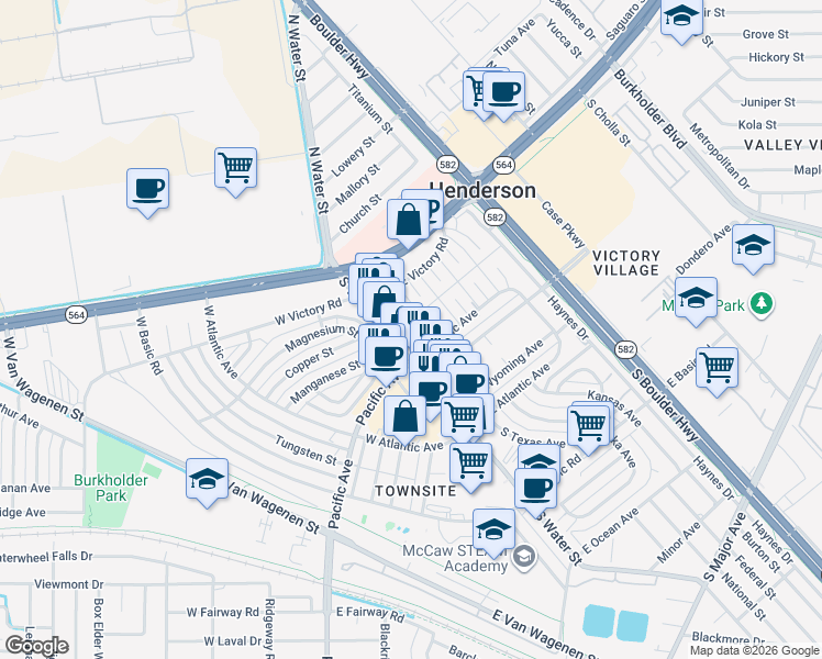 map of restaurants, bars, coffee shops, grocery stores, and more near 10 South Water Street in Henderson