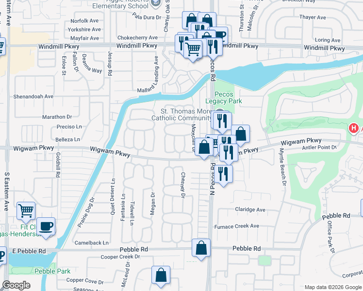 map of restaurants, bars, coffee shops, grocery stores, and more near 100 Montclair Drive in Henderson