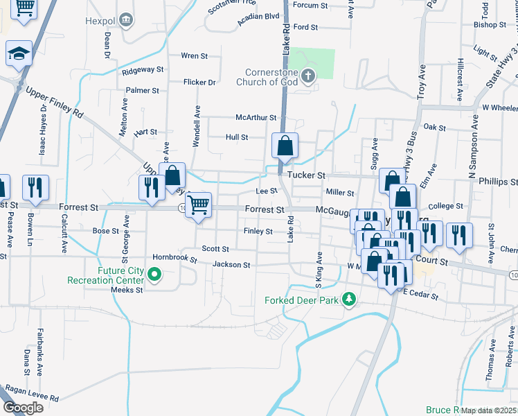 map of restaurants, bars, coffee shops, grocery stores, and more near 106 North Connell Avenue in Dyersburg