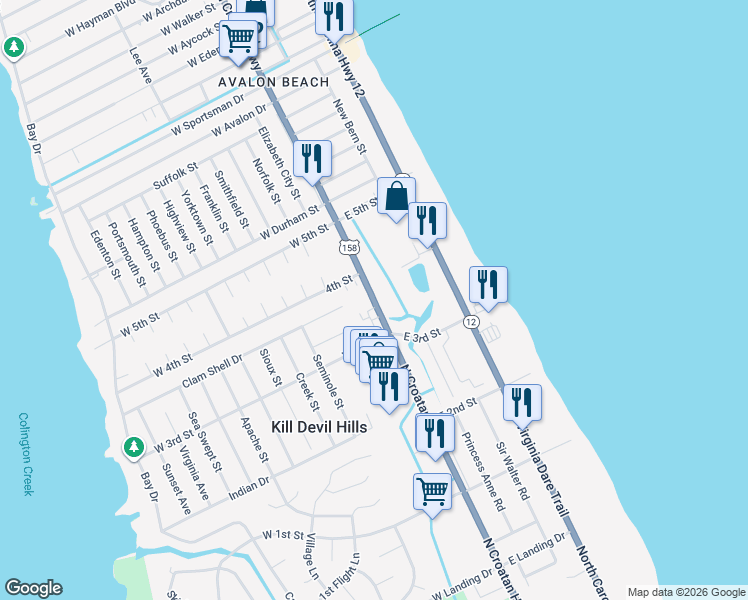 map of restaurants, bars, coffee shops, grocery stores, and more near North Croatan Highway in Kill Devil Hills