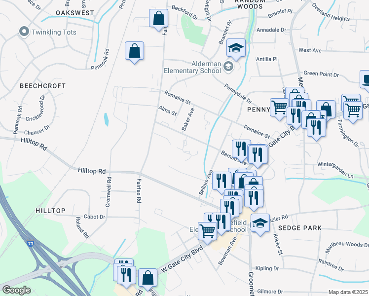 map of restaurants, bars, coffee shops, grocery stores, and more near 4217-4243 Bernau Avenue in Greensboro