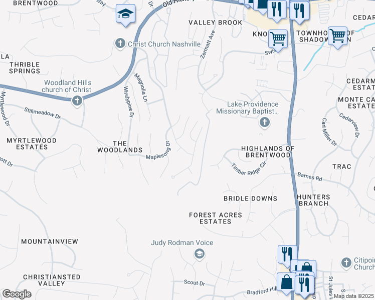 map of restaurants, bars, coffee shops, grocery stores, and more near 5949 Woodlands Avenue in Nashville