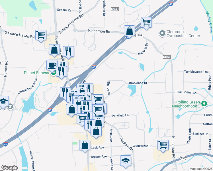 map of restaurants, bars, coffee shops, grocery stores, and more near 3406 Sharpe Street in Clemmons