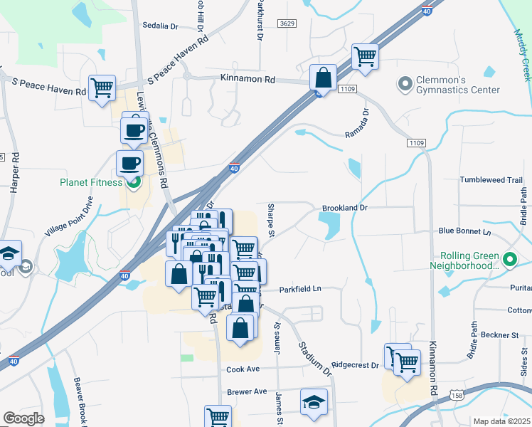 map of restaurants, bars, coffee shops, grocery stores, and more near 3406 Sharpe Street in Clemmons