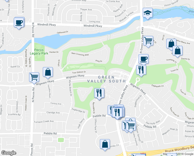 map of restaurants, bars, coffee shops, grocery stores, and more near 2418 Antler Point Drive in Henderson