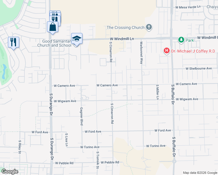 map of restaurants, bars, coffee shops, grocery stores, and more near 8411 South Cimarron Road in Las Vegas