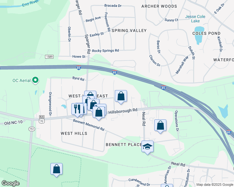map of restaurants, bars, coffee shops, grocery stores, and more near 2315 Anthony Drive in Durham