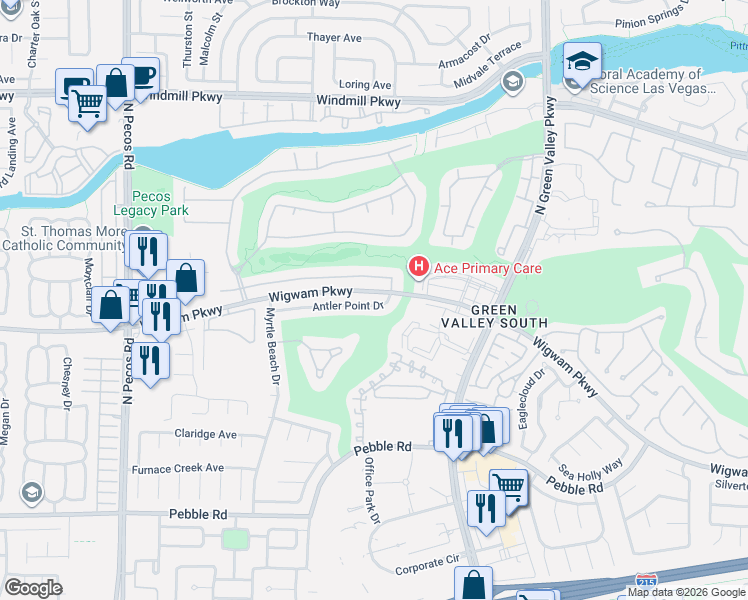 map of restaurants, bars, coffee shops, grocery stores, and more near 2418 Antler Point Drive in Henderson