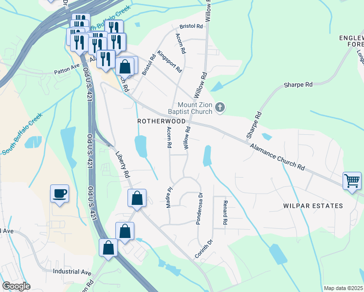 map of restaurants, bars, coffee shops, grocery stores, and more near 2216 Willow Road in Greensboro