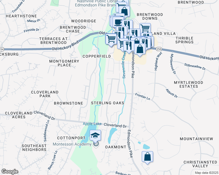 map of restaurants, bars, coffee shops, grocery stores, and more near 5828 Montessori Drive in Brentwood