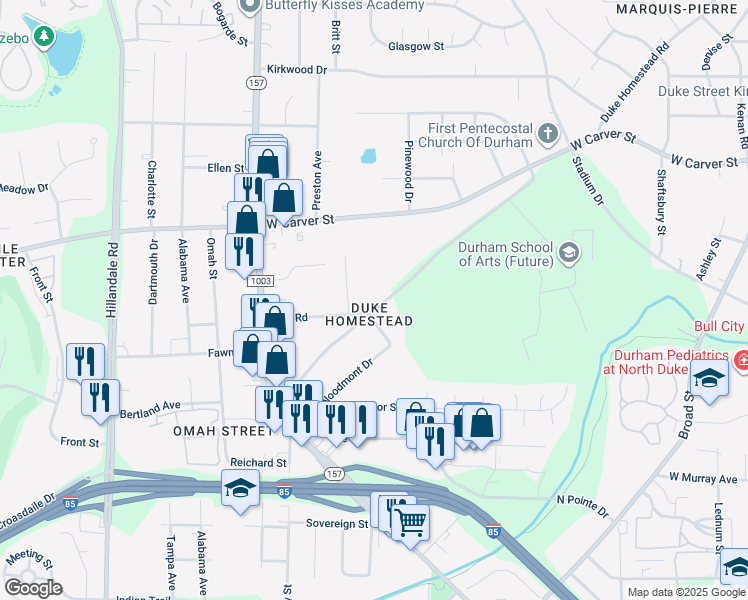 map of restaurants, bars, coffee shops, grocery stores, and more near 2803 Duke Homestead Road in Durham