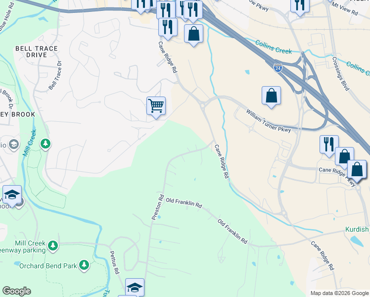 map of restaurants, bars, coffee shops, grocery stores, and more near 725 Preston Road in Nashville