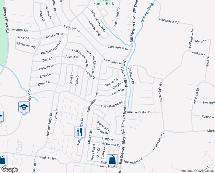 map of restaurants, bars, coffee shops, grocery stores, and more near 1237 Shannon Lane in La Vergne