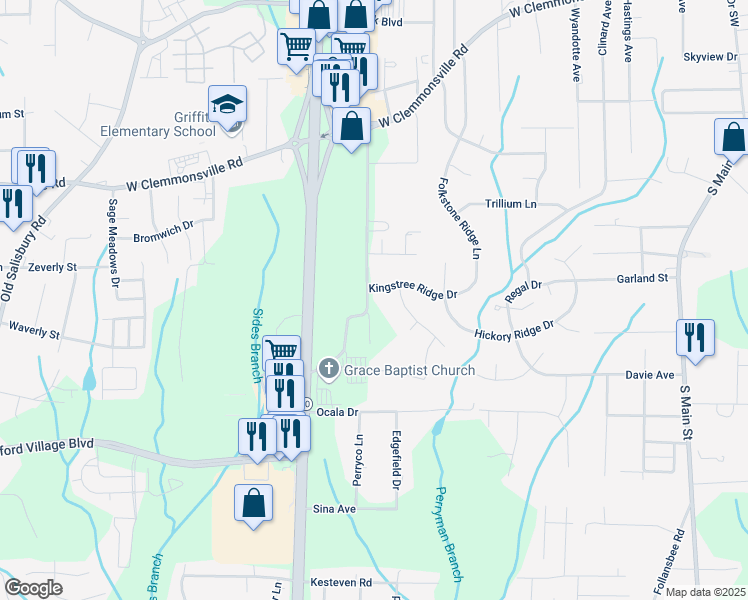 map of restaurants, bars, coffee shops, grocery stores, and more near 3141 Sides Road in Winston-Salem