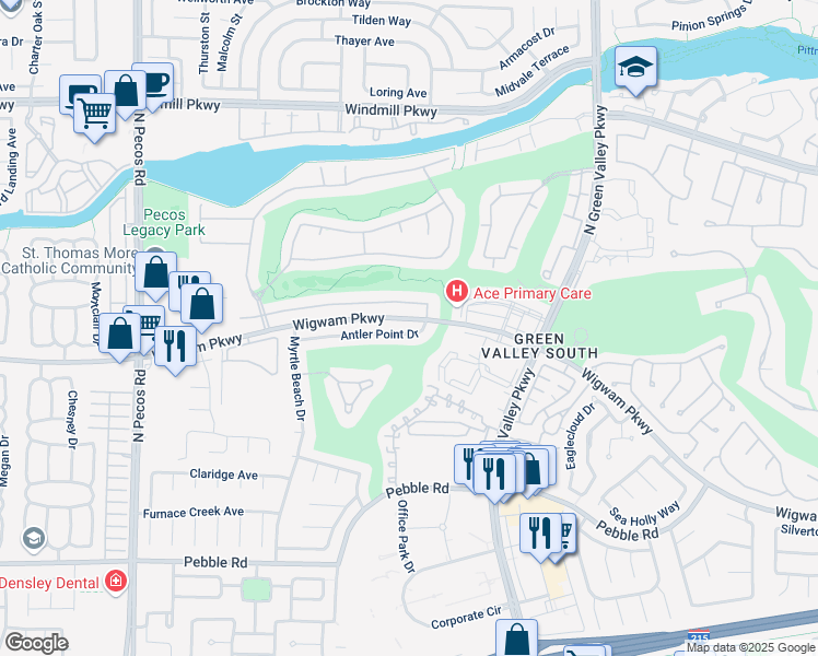 map of restaurants, bars, coffee shops, grocery stores, and more near 2418 Antler Point Drive in Henderson