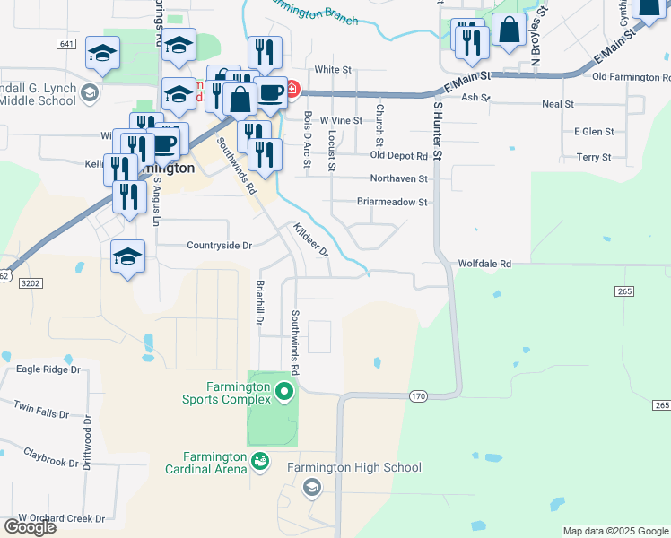 map of restaurants, bars, coffee shops, grocery stores, and more near 208 Killdeer Drive in Farmington