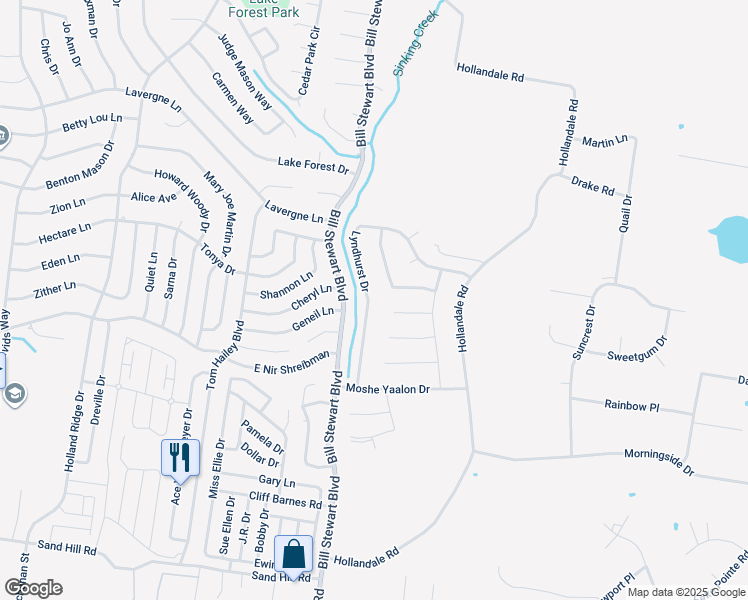 map of restaurants, bars, coffee shops, grocery stores, and more near 128 Lyndhurst Drive in La Vergne