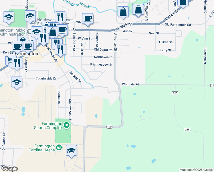 map of restaurants, bars, coffee shops, grocery stores, and more near 32 West Rainsong Street in Farmington