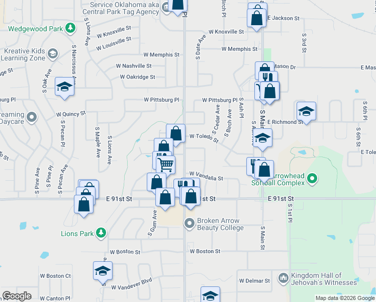 map of restaurants, bars, coffee shops, grocery stores, and more near 523 West Toledo Place in Broken Arrow