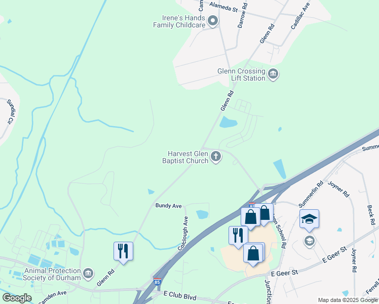 map of restaurants, bars, coffee shops, grocery stores, and more near 3417 Glenn Road in Durham