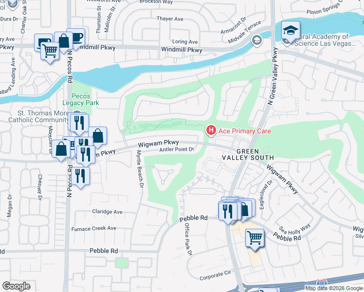 map of restaurants, bars, coffee shops, grocery stores, and more near 2429 Antler Point Drive in Henderson