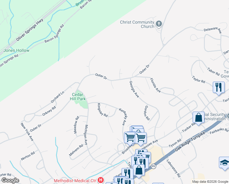 map of restaurants, bars, coffee shops, grocery stores, and more near 136 Kentucky Avenue in Oak Ridge